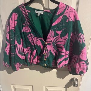Maison d 'Amelie Paris Crop Button Front V Neck Pink/Green Tropcal Print Size S